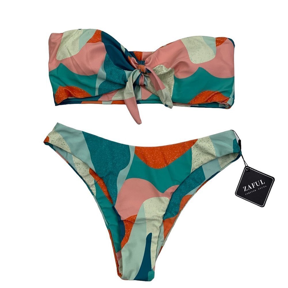 Zaful 2-Piece Brazilian Cut Bandeau Top Bikini Abstract Print Women's Size 4/6